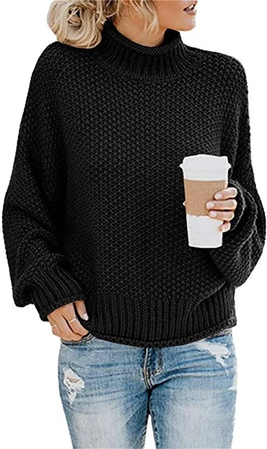 WWomen's Winter Chunky Knit Sweater Fashion Warm Solid Color Turtlenecks Long Sleeve Knit Sweater