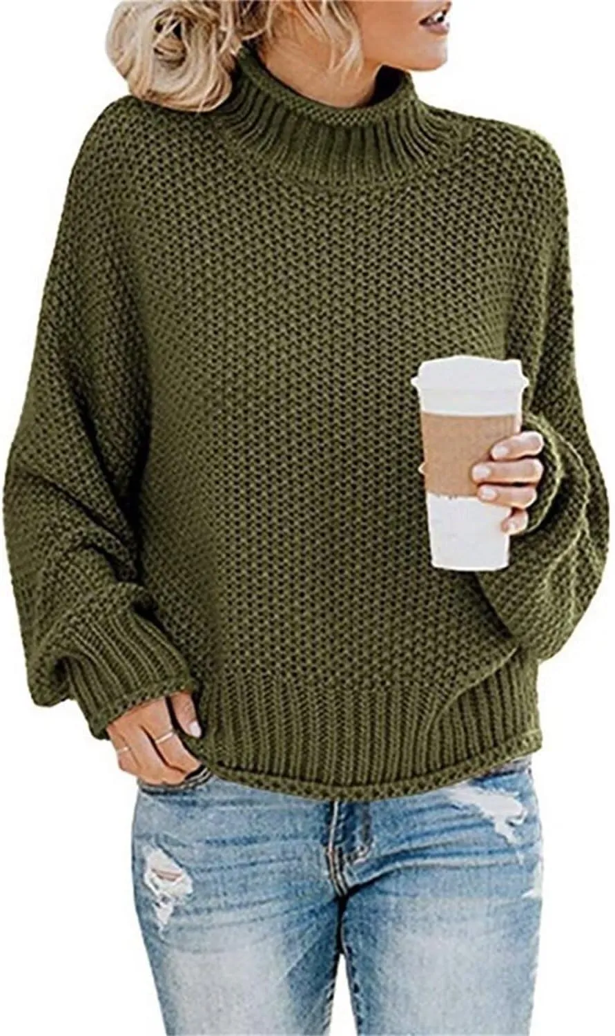 WWomen's Winter Chunky Knit Sweater Fashion Warm Solid Color Turtlenecks Long Sleeve Knit Sweater