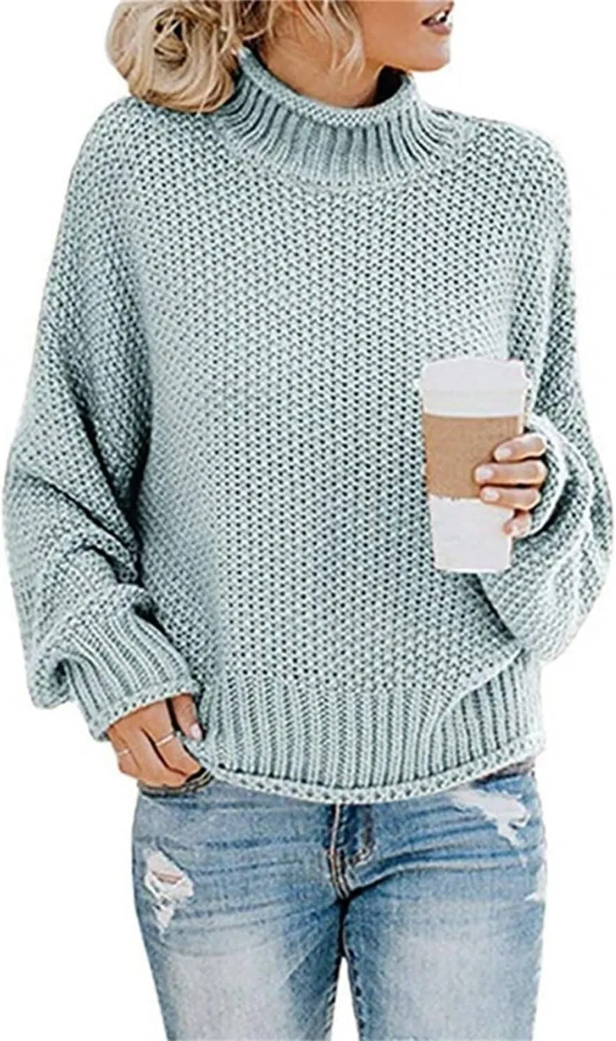 WWomen's Winter Chunky Knit Sweater Fashion Warm Solid Color Turtlenecks Long Sleeve Knit Sweater