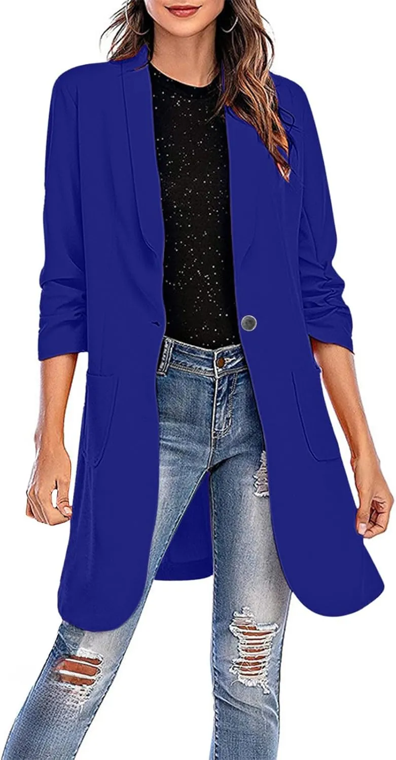 XUNRYAN Women's Blazer Business Casual Jackets Lapel One Button Mid Long Trench Coat Fashion Outwear Pockets Spring Clothes