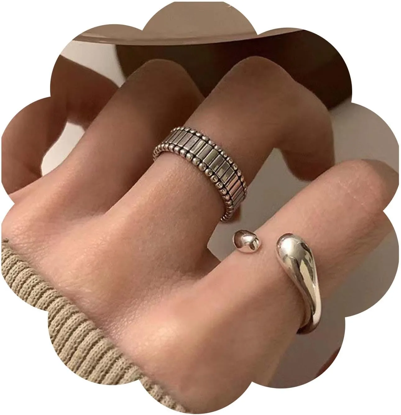 YienDoo 2Pc Gothic Irregular Geometry Ring Silver Vintage Water Droplet Open Knuckle Ring Statement Stackable Opening Geometry Band Ring Boho Joint Finger Ring for Women